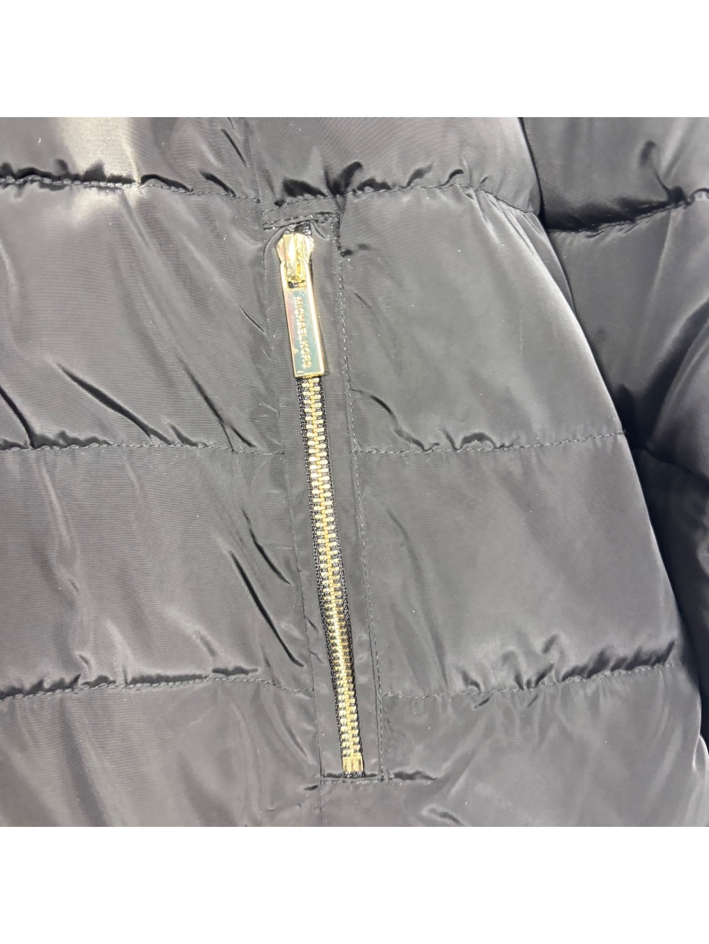 Michael Kors Women XL Black Long Puffer Coat Faux Fur Hood Gold Zip - Picture 5 of 11